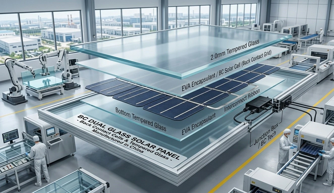 Cross-section view of BC dual glass solar panel showing back contact cells and tempered glass layers from China factory. Cross-section view of BC dual glass solar panel showing back contact cells and tempered glass layers from China factory.